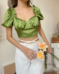 Silk ruched puff sleeve crop top with sweetheart neckline and smocked back detail