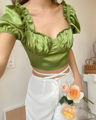Silk ruched puff sleeve crop top with sweetheart neckline and smocked back detail