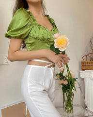Silk ruched puff sleeve crop top with sweetheart neckline and smocked back detail