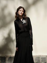 Flared High-Waisted Semi-Sheer Linen Skirt With Flowing Full-Length Silhouette