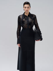 Jupe midi taille haute en cuir vegan avec coutures ajustées et fente au dos