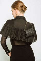 Statement Blouse with Pleated Cape Overlay and Sharp Tailored Cuffs for Elevated Styling