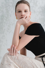 Off-Shoulder Knot Front Top with Draped Neckline and Contoured Silhouette