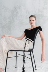 Off-Shoulder Knot Front Top with Draped Neckline and Contoured Silhouette