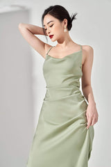 Bias-Cut Silk Midi Dress with Draped Neckline and Back Tie Detailing