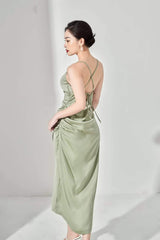 Bias-Cut Silk Midi Dress with Draped Neckline and Back Tie Detailing