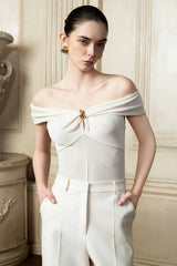 Off-Shoulder Knit Top with Sheer Bodice and Draped Neckline Detail for Elegant Evening Styling