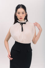 Sleeveless Pleated Blouse with Ruffled High Neck and Contrast Ribbon Tie for Elegant Styling