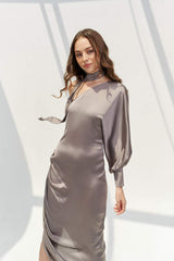 Asymmetric One-Shoulder Midi Dress in Smooth Silk with Draped Neck Scarf Detail