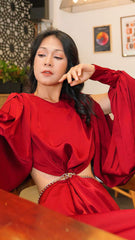 Silk cutout evening gown with draped open sleeves and asymmetric hemline