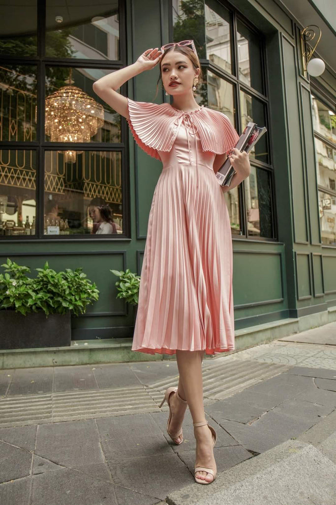 silk pleated dress Sleeveless midi with structured cape and cinched wa – Sarah Luton England front detail at the Nine West Women's Symba Conley Pinstripe Midi Dress اللون:لون مخصص