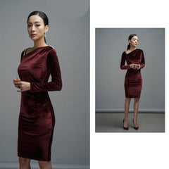 Velvet bodycon knee-length dress with draped neckline and long sleeves for elegant evening style