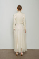 Textured wool cropped jacket with notch lapels and flap pockets