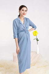 Silk V-Neck Maternity Dress with Knot Front Detail