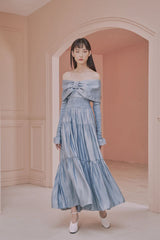 Leanne 长袖 Bardot 蝴蝶结层叠长裙