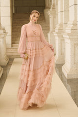Robe de princesse Naomi à décolleté plongeant et manches longues à volants