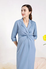 Silk V-Neck Maternity Dress with Knot Front Detail