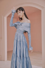 Leanne 长袖 Bardot 蝴蝶结层叠长裙
