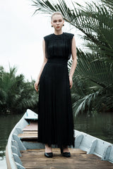 Sleeveless Fringe Midi Dress with Hand-Knit Accents and Figure-Defining Stretch Waistband