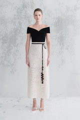 Off-Shoulder Knot Front Top with Draped Neckline and Contoured Silhouette