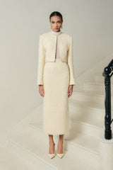 Structured Long-Sleeve Blend Tweed Jacket with Clean Collarless Front and Cropped Hem