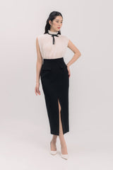 Sleeveless Pleated Blouse with Ruffled High Neck and Contrast Ribbon Tie for Elegant Styling