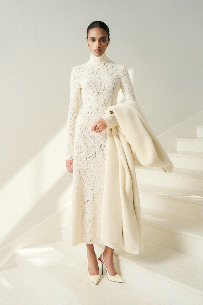 Floral Lace Embroidered Midi Dress With Long Sleeves and High Neckline –  Sarah Luton England