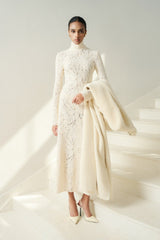 Floral Lace Embroidered Midi Dress With Long Sleeves and High Neckline
