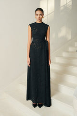 Embroidered Lace Draped Midi Dress With Waist Detail and Sleeveless Fitted Bodice