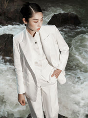 Tailored Double-Breasted Blazer with Peak Lapels and Structured Longline Silhouette