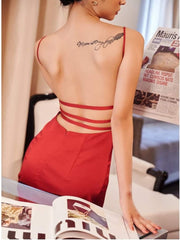 侧开衩后背带装饰真丝吊带裙