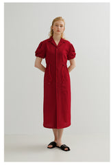 Robe midi boutonnée en lin sur mesure à manches bouffantes