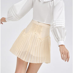 Structured pleated organza blouse with statement collar and voluminous long sleeves