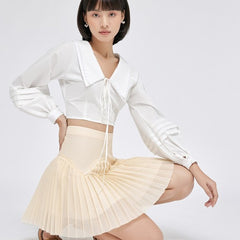 Structured pleated organza blouse with statement collar and voluminous long sleeves