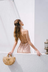 Bias-Cut Silk Midi Dress with Spaghetti Straps and Adjustable Open Tie Back
