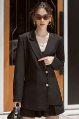 Tailored longline silk blazer with structured shoulders and single-breasted button front