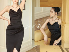 Bias-cut midi silk dress with cowl neckline and mesh side panels for evening elegance