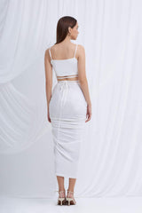 Silk bodycon midi dress with ruched detailing, strappy waist and high side slit