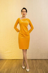 Asymmetric Neck Velvet Midi Dress with Long Sleeves and Elegant Draped Detailing