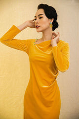 Asymmetric Neck Velvet Midi Dress with Long Sleeves and Elegant Draped Detailing
