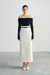 Off-shoulder long sleeve top in stretch jersey fabric with ruched neckline detail