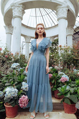 Tiered organza maxi dress with pleated ruffle shoulders and deep V-neckline