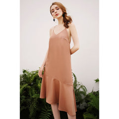 Bias-cut silk slip dress with asymmetrical hem and side button detail