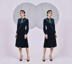 Fitted velvet midi dress with pearl button accents and mandarin collar neckline