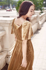 Velvet midi dress with flutter sleeves and ruched waist for graceful everyday elegance