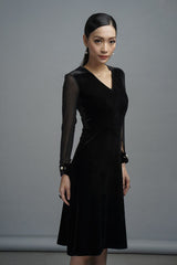Velvet A-line midi dress with mesh long sleeves and V-neckline for elegant evening wear