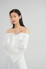 Off-Shoulder Full-Length Silk Dress with Draped Sleeves and Flowy A-Line Silhouette
