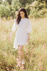 A-line puff sleeve mini organza dress with gathered waist and lightweight sheer structure