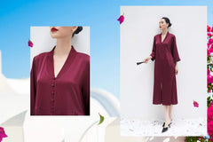 Silk midi shirt dress with V-neckline and covered button detail for elegant everyday wear