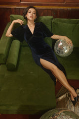 Velvet wrap midi dress with flared sleeves and thigh-high slit for evening elegance